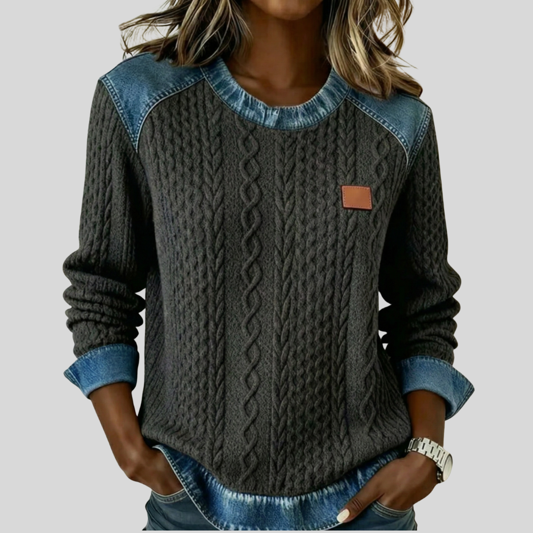URSZULA - DZIANINY SWETER DENIM Z AKCENTAMI