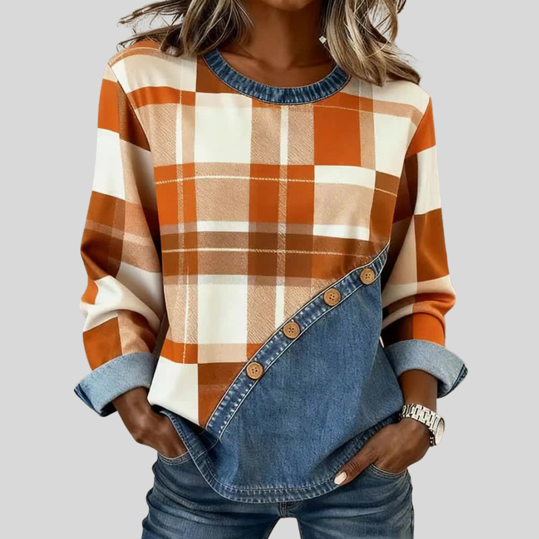 ELŻBIETA - BLUZA W JESIENNĄ KRATĘ I SZTUCZNY PATCHWORK