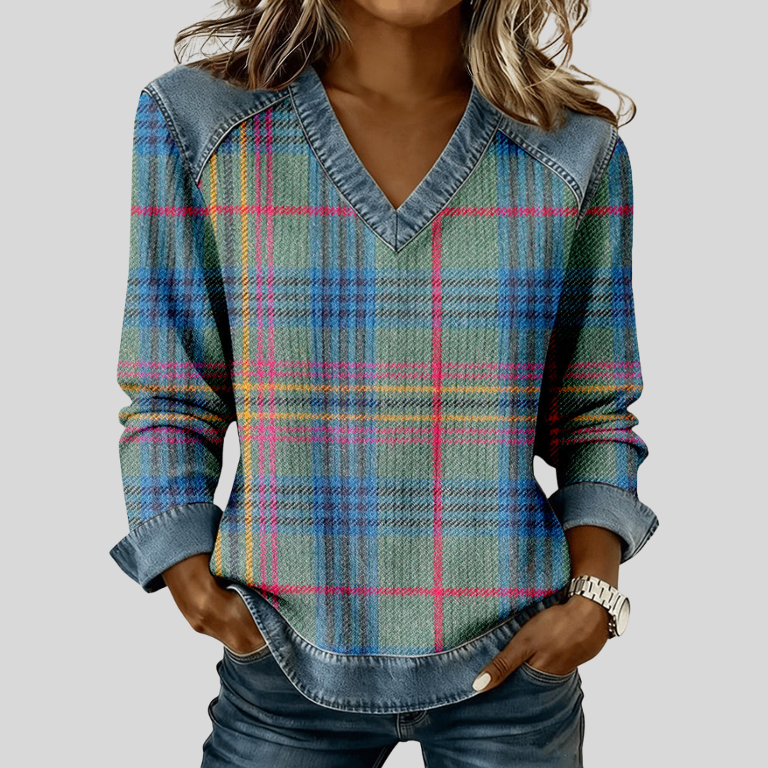 SYLWIA - RETRO KRATKA, PATCHWORK, SZTUCZNY TOP DAMSKI Z DEKOLTEM W SEREK