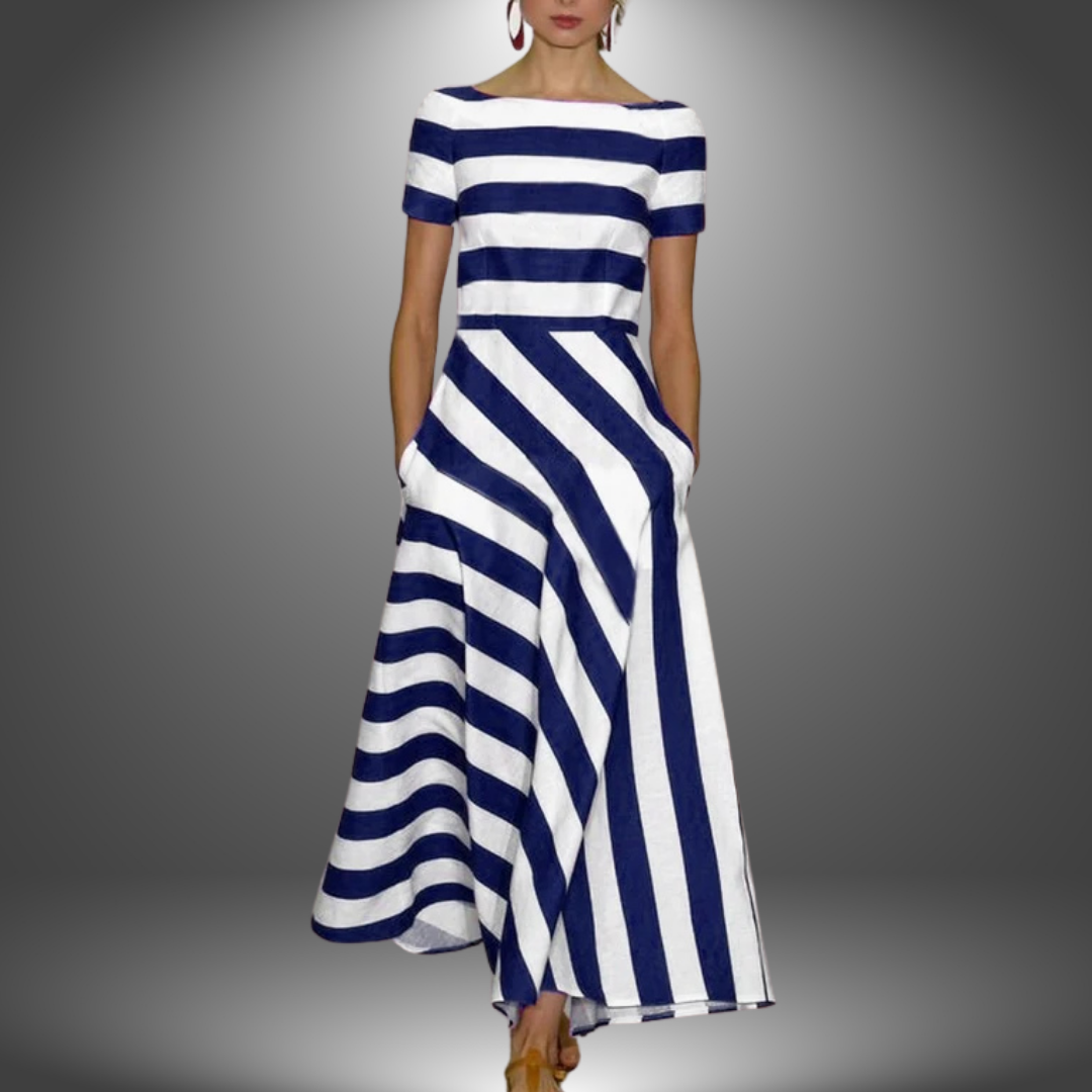 Stefania - Sukienka maxi w paski z krótkim rękawem
