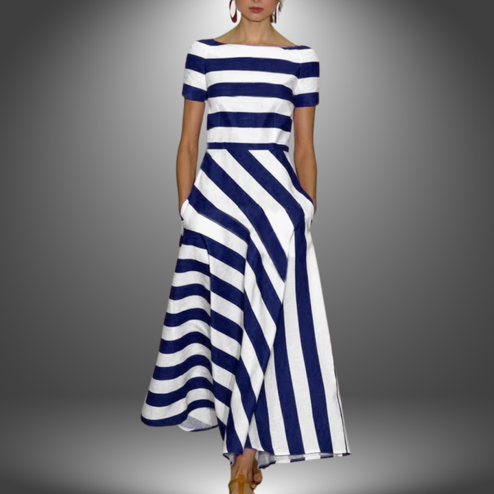 Stefania - Sukienka maxi w paski z krótkim rękawem