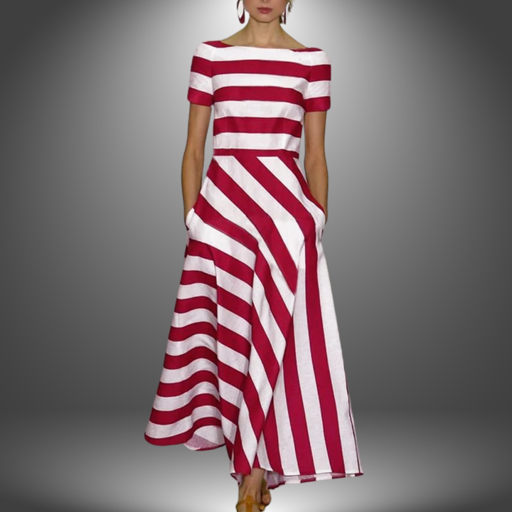 Stefania - Sukienka maxi w paski z krótkim rękawem