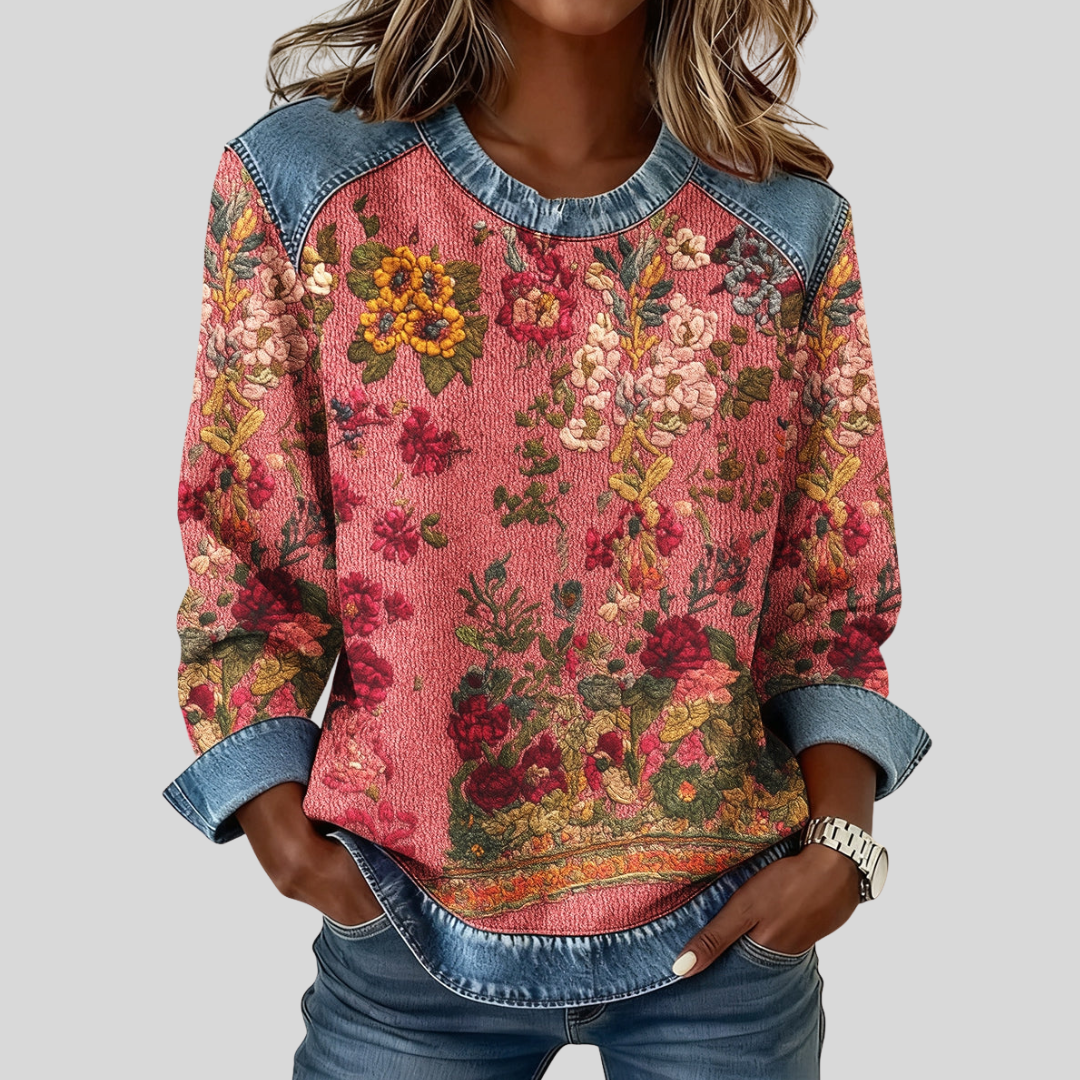 IWONA - BLUZA Z DENIMU Z NADRUKIEM 3D W KWIATY