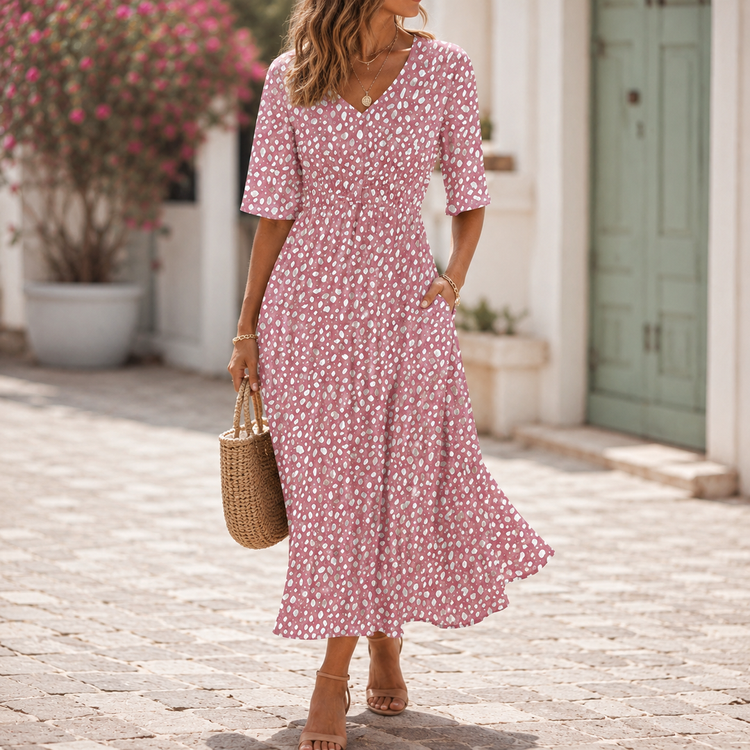 Aleksandra - Elegancka Midi Sukienka z Kamuflującym Brzuch Designem
