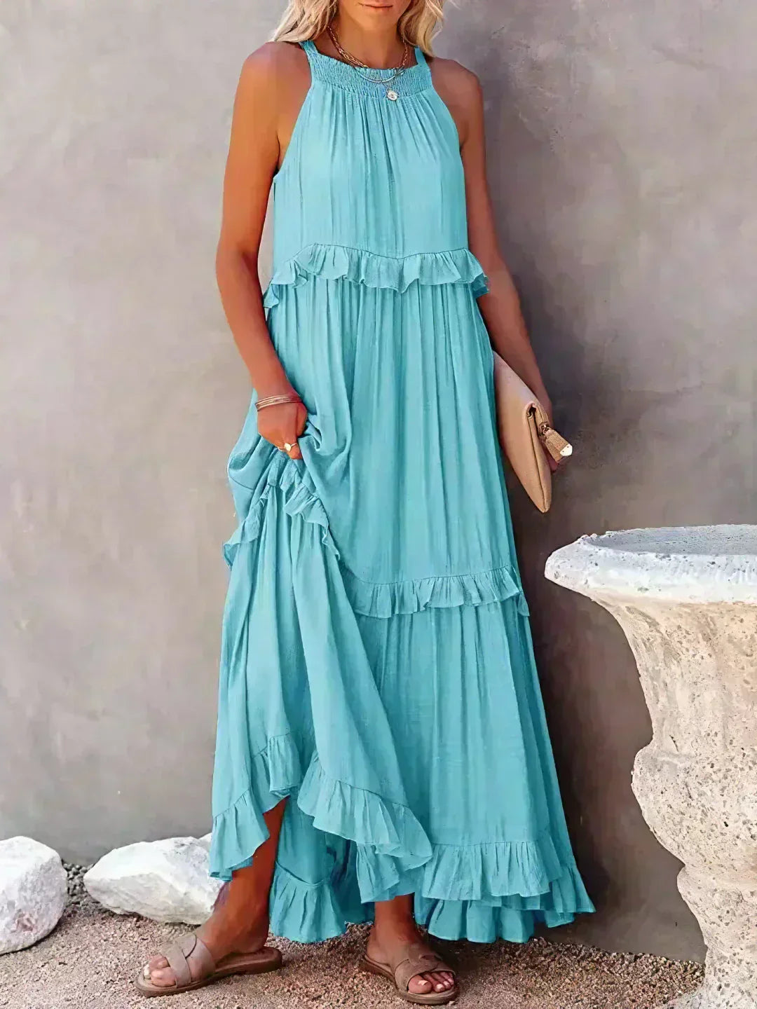 ANETA - Elegancka sukienka bez rękawów z falbankami