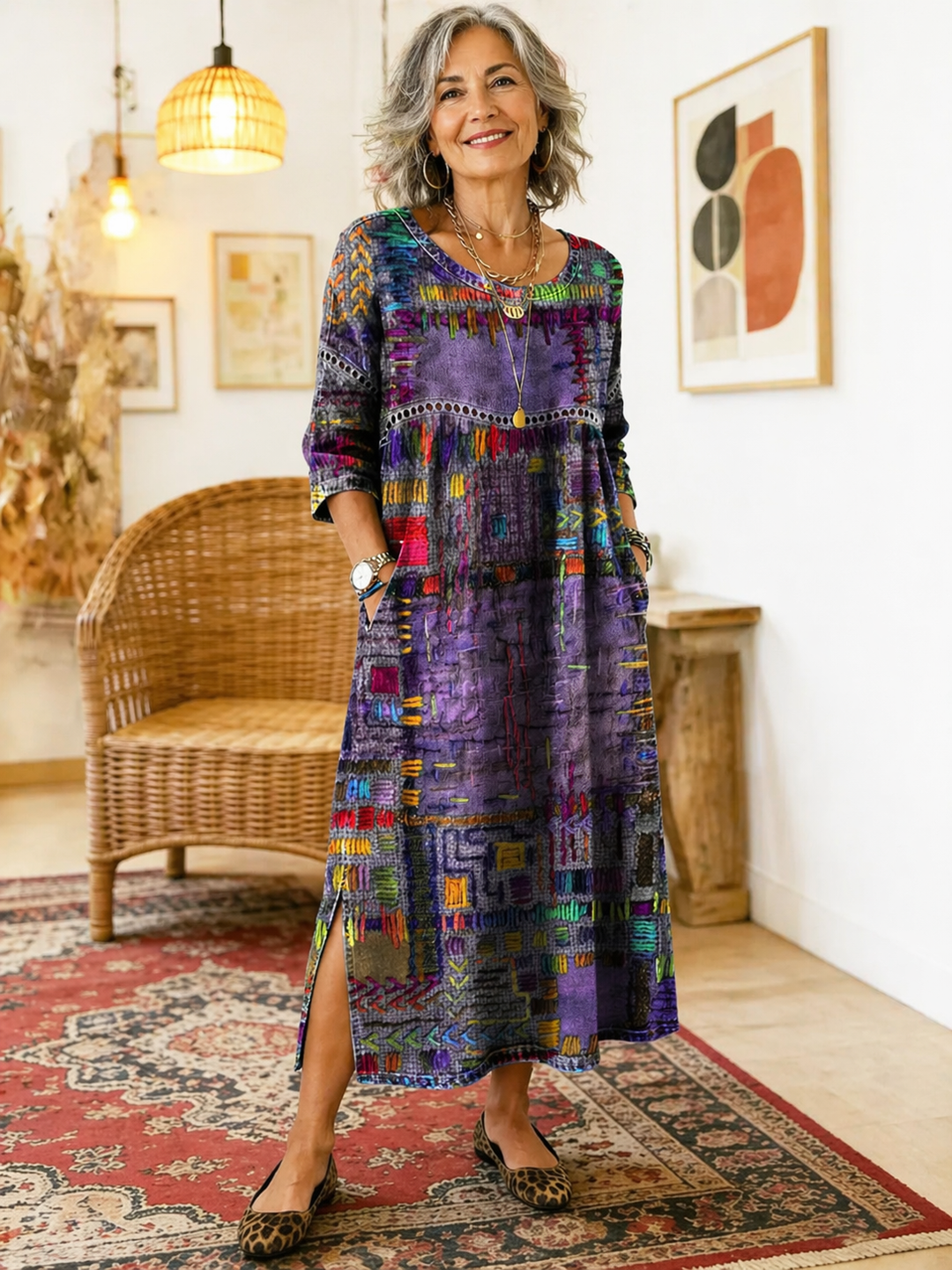 Lucyna - Elegancka sukienka w stylu dżinsowym z etnicznym patchworkiem