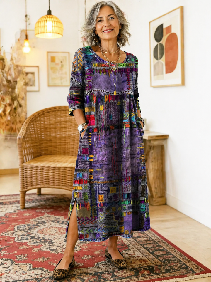 Lucyna - Elegancka sukienka w stylu dżinsowym z etnicznym patchworkiem