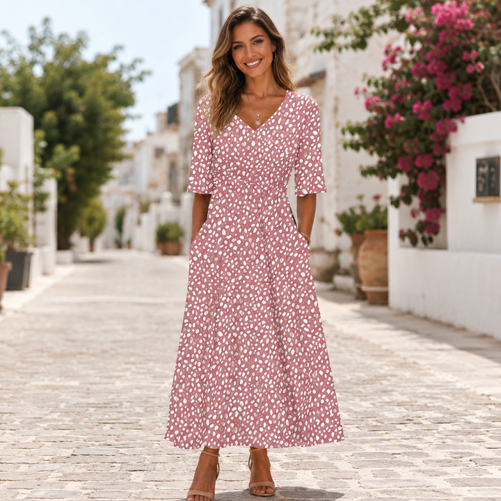 Aleksandra - Elegancka Midi Sukienka z Kamuflującym Brzuch Designem